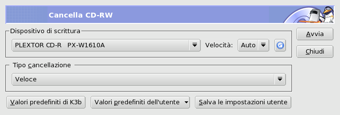 Impostazione delle opzioni per la cancellazione dei CD-RW