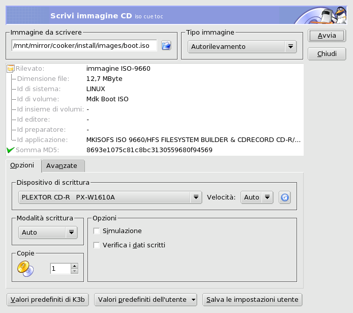 Opzioni di scrittura dell'immagine di un CD