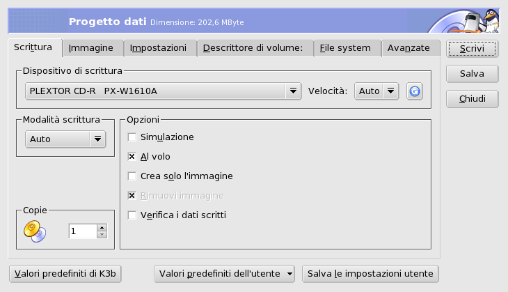 Impostazione dei parametri di scrittura